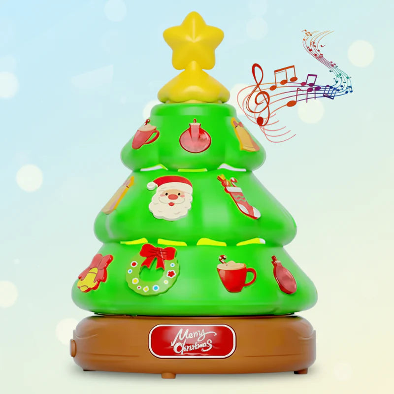 Green Christmas tree bubble machine with a yellow star and musical-note graphic