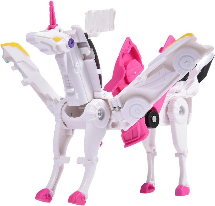 White and pink transforming unicorn toy with raised front legs and a pink horn