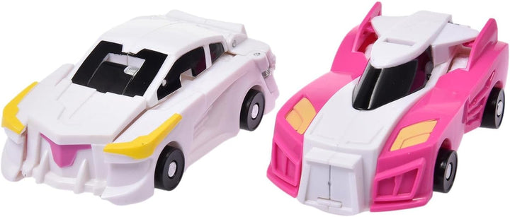 White and pink car forms shown side by side with yellow accents and black wheels