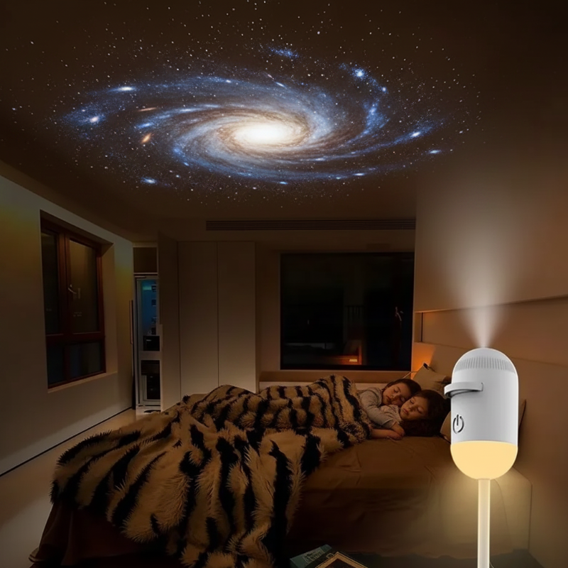 Spiral galaxy projected onto a bedroom ceiling by a white LED galaxy lamp