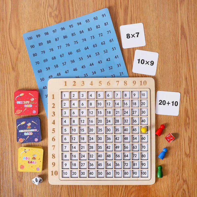 Starter math game set with a multiplication grid, number chart, arithmetic cards, dice, and pawns
