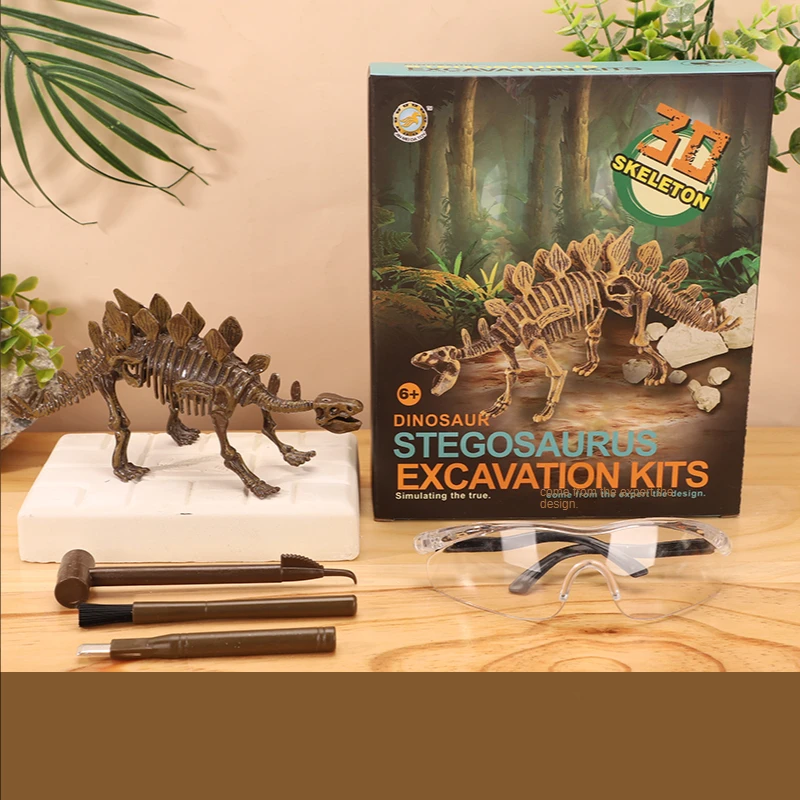 Stegosaurus skeleton model with an excavation block, tools, clear goggles, and box