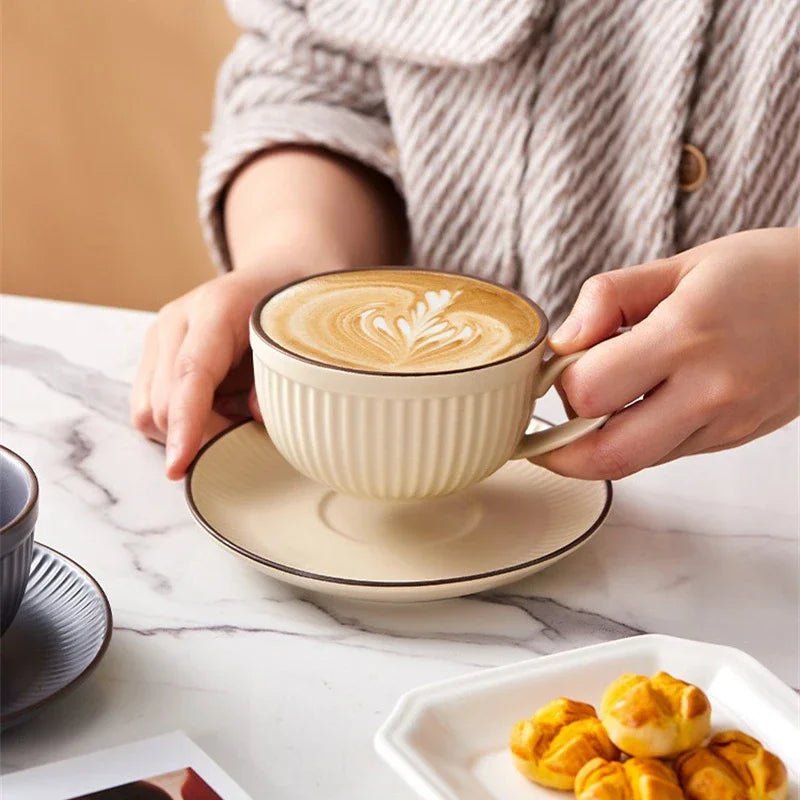 Stoneware Mug Set with Ergonomic Handles and Matching Saucer – Elegant Coffee and Tea Cup Set for Daily Use 1