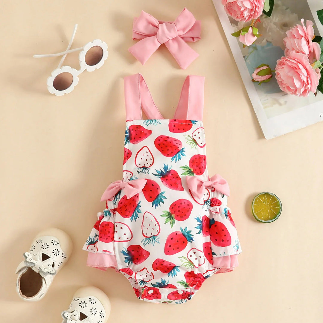 Strawberry-print baby romper with pink bows, ruffled trim and a matching pink bow headband