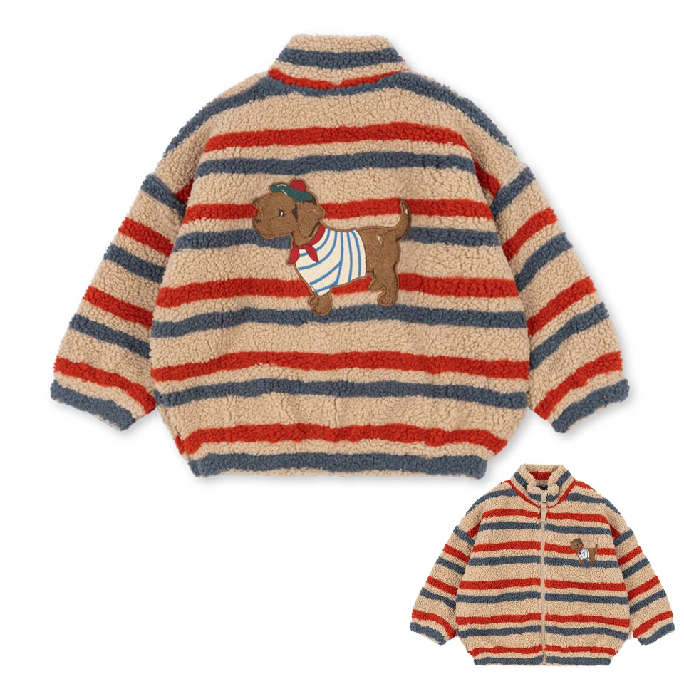 Striped fleece jacket with a dog graphic on the back and a front-view inset