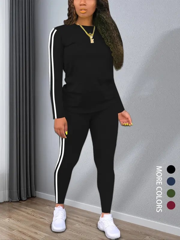 Striped Knit Outfit Set Round Neck Top Pants Product Image 01
