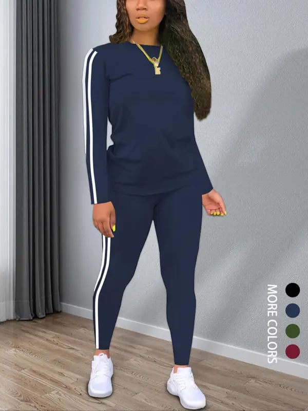 Striped Knit Outfit Set Round Neck Top Pants Product Image 02