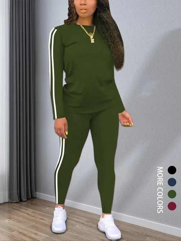 Striped Knit Outfit Set Round Neck Top Pants Product Image 03