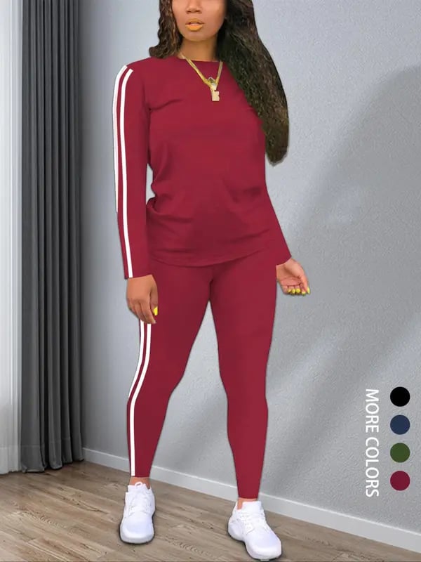 Striped Knit Outfit Set Round Neck Top Pants Product Image 04