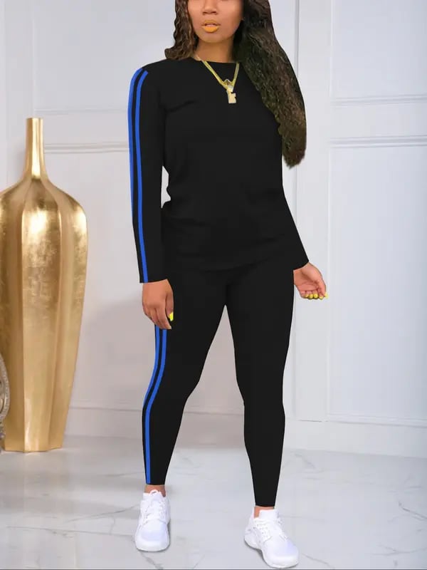 Striped Knit Outfit Set Round Neck Top Pants Product Image 05