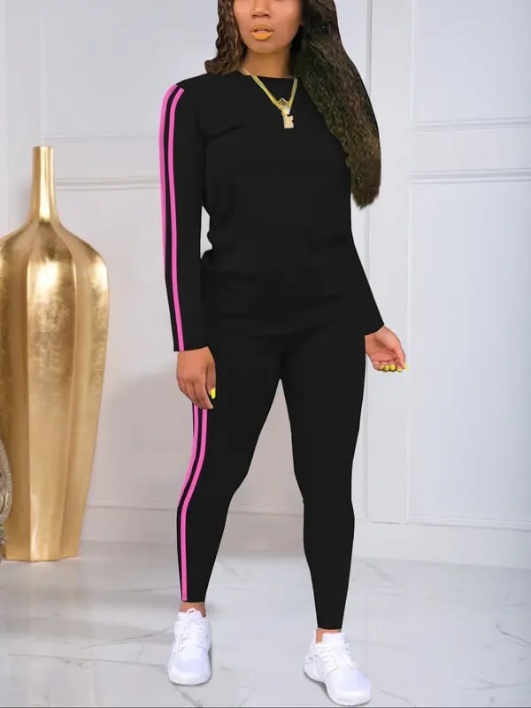 Striped Knit Outfit Set Round Neck Top Pants Product Image 07