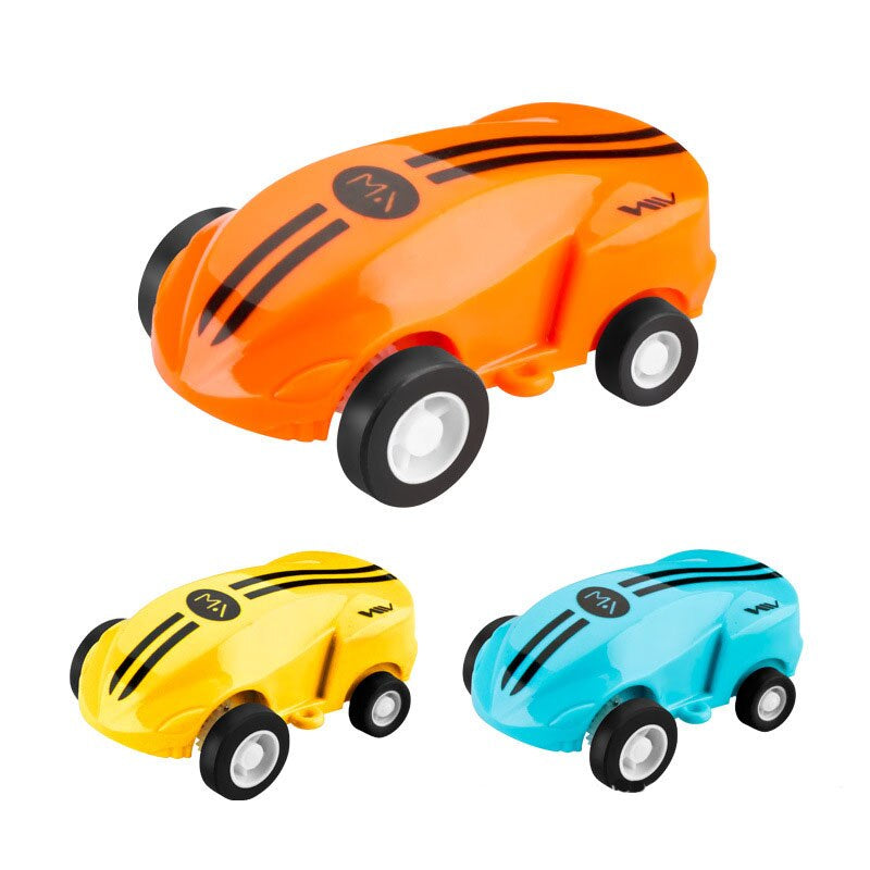 Orange, yellow and blue miniature stunt cars with black racing stripes