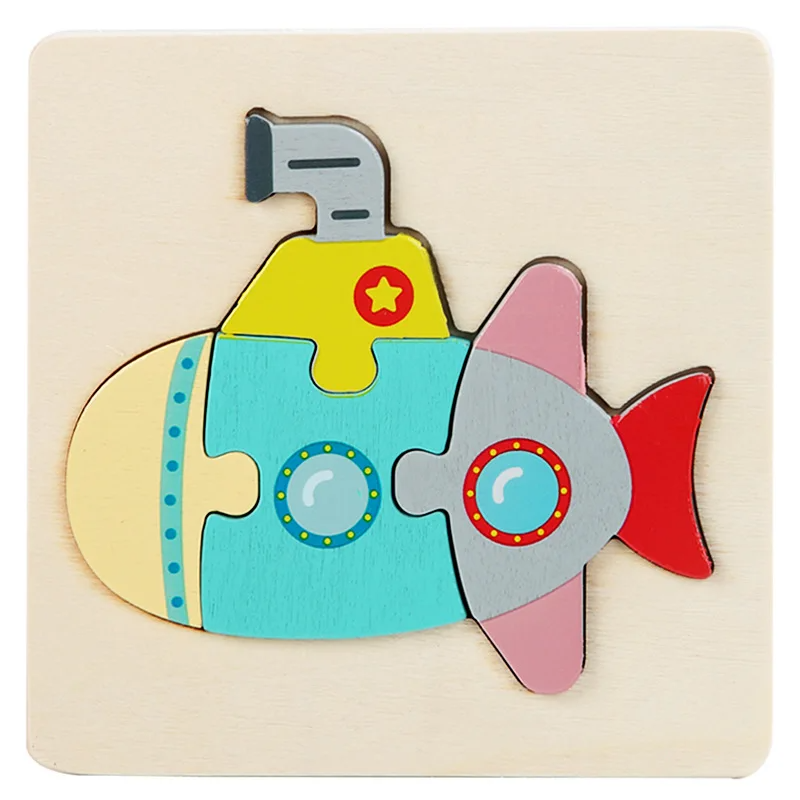 Submarine wooden jigsaw puzzle with a periscope, round windows, and colorful pieces