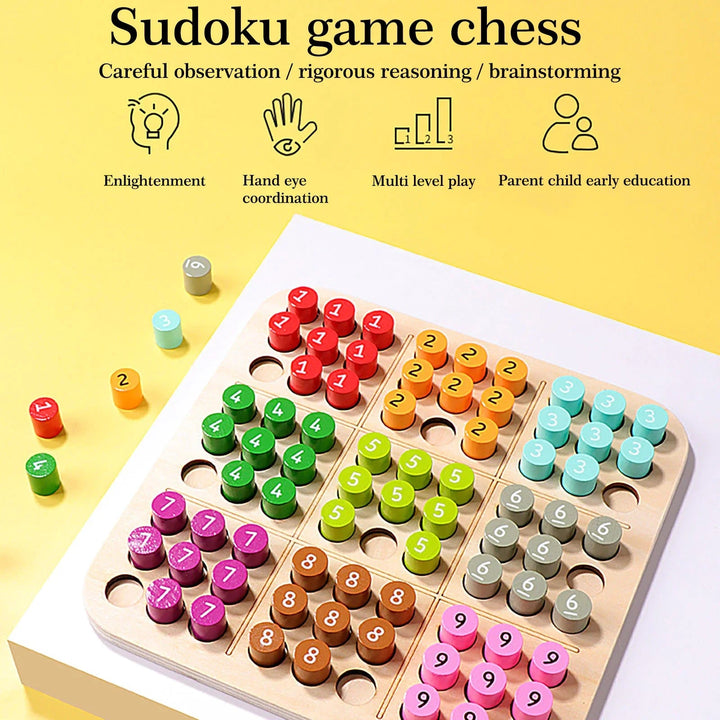 Sudoku board with numbered pieces and icons for hand-eye coordination and different play levels