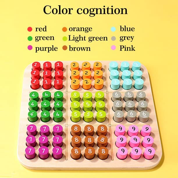 Sudoku board with nine groups of numbered pieces and a color identification guide