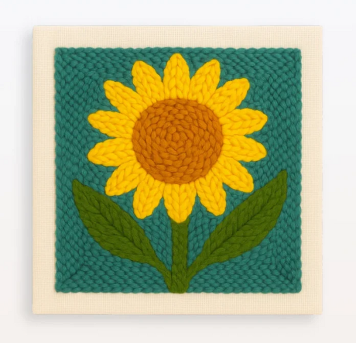 Yellow sunflower embroidery with green leaves on a green background.