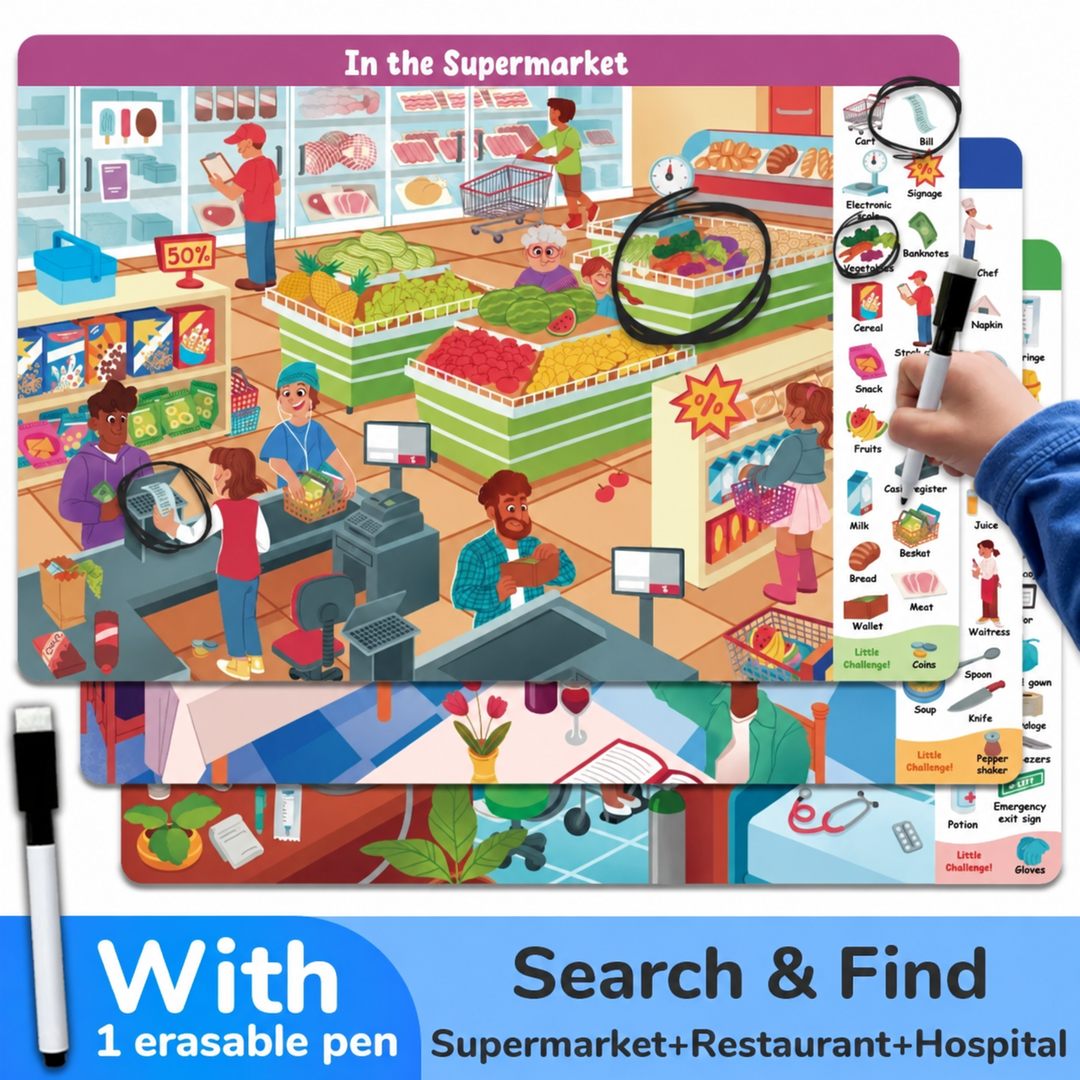 Supermarket search-and-find book set with restaurant and hospital scenes and an erasable pen