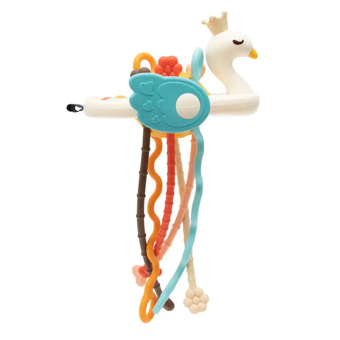 Swan-shaped sensory toy with multicolored textured pull cords