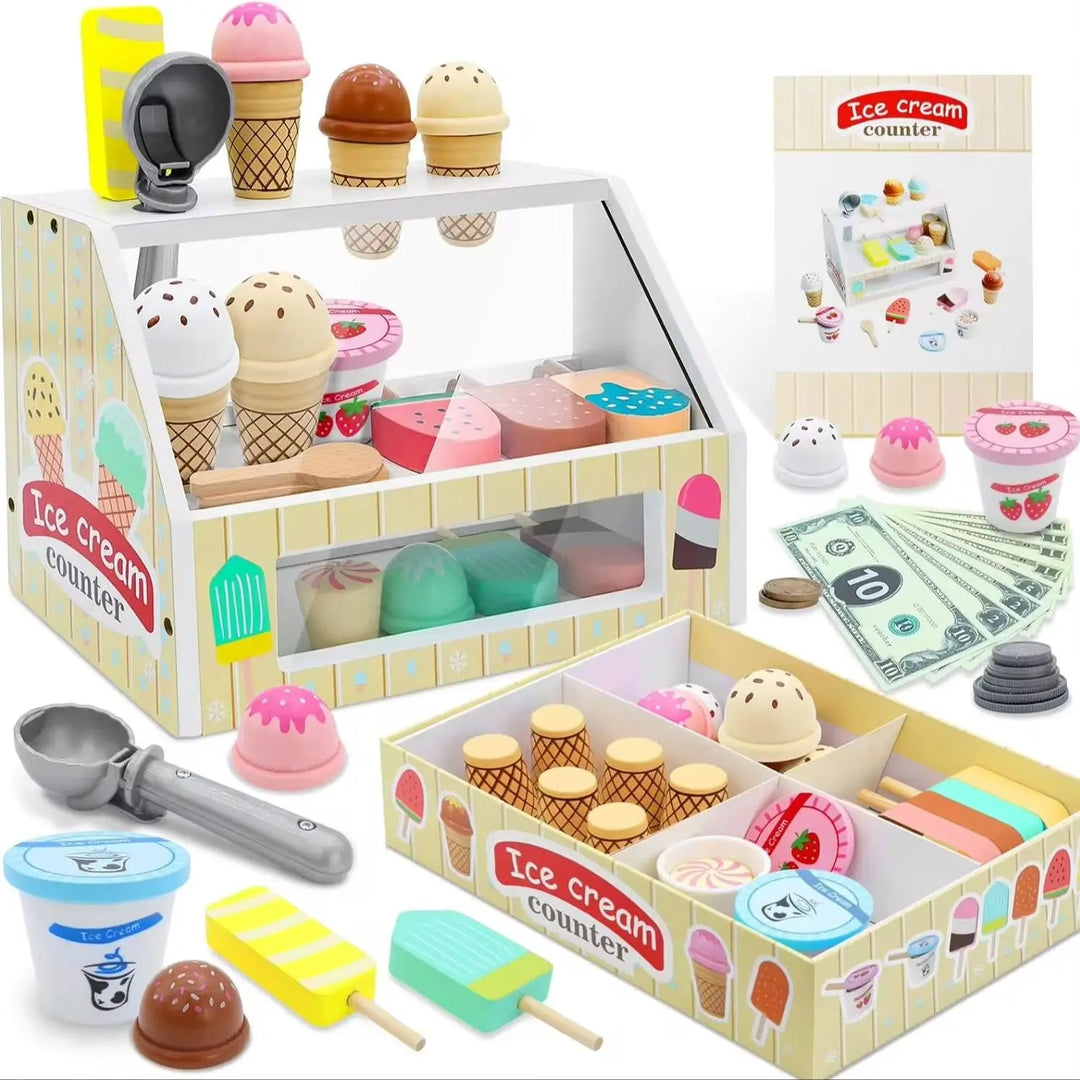 Ice cream shop play set with a display counter, divided tray, cones, cups, popsicles, and play money