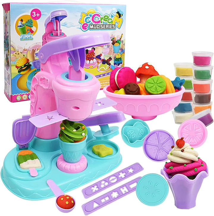 Pink and turquoise dough ice cream set with a press, molds, serving pieces, and tubs of colored dough