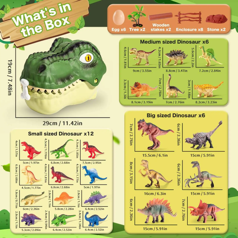 Contents chart showing the T-Rex head case, 24 dinosaur figures, accessories, and measurements.