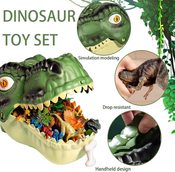 T-Rex head playset with close-ups of the sculpted head, dinosaur figure, and carrying handle.