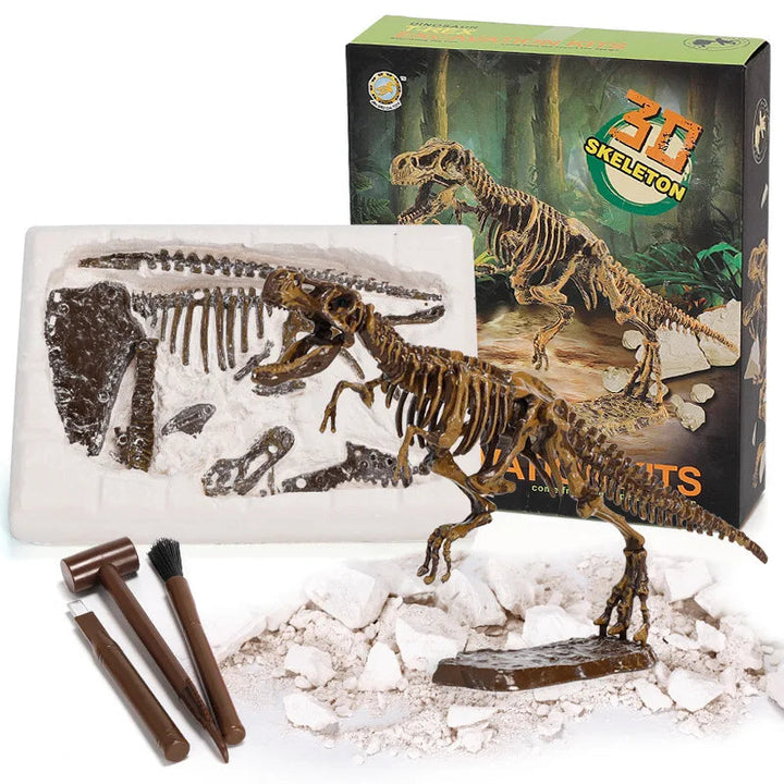 T. rex excavation kit showing an assembled skeleton, partially dug plaster block, and three tools