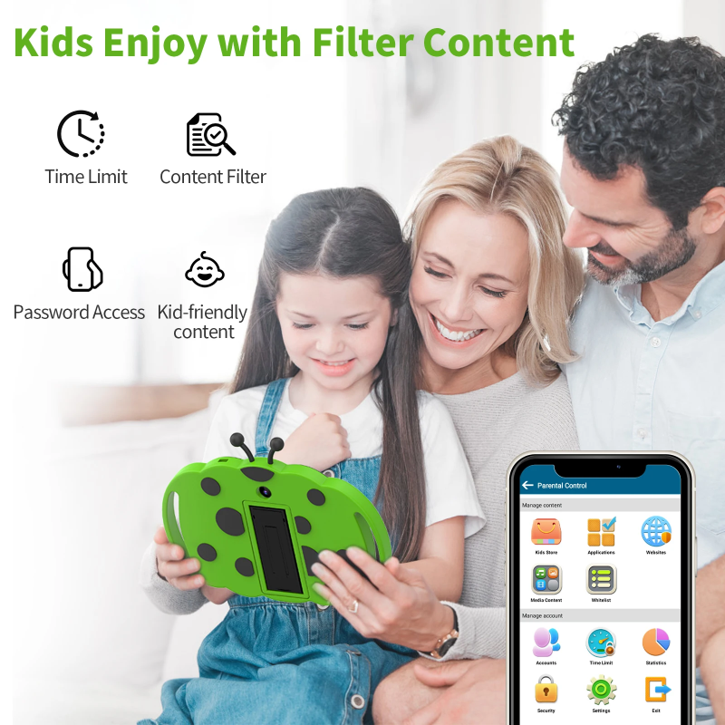 Parents and child using a green tablet beside screen time and content filter controls