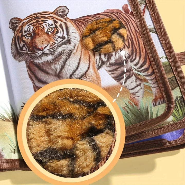 Tiger page with a magnified view of its soft, striped texture patch.