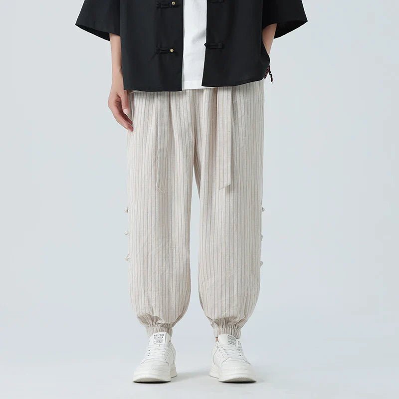 Takumio — Cotton Linen Pants with Subtle Streetwear Stripe (Beige 2XL) - | Zavonix