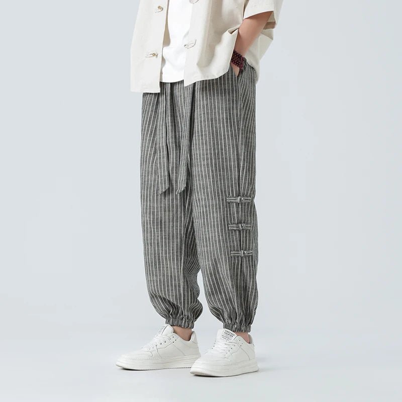 Takumio — Cotton Linen Pants with Subtle Streetwear Stripe (GRAY 2XL) - | Zavonix