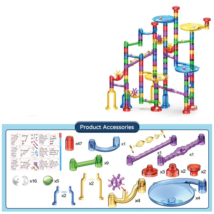 Tall multicolor marble run with ramps, funnels, marbles, and a parts guide