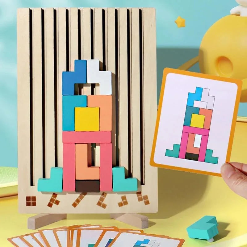 Tall block pattern on a wooden puzzle board with a matching card held alongside it