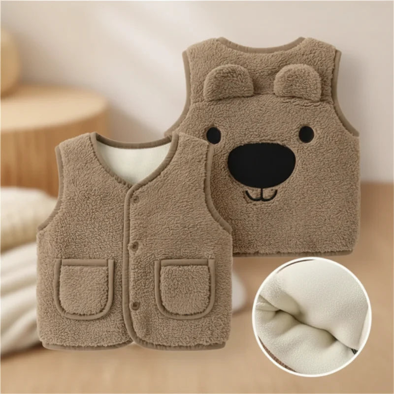 Tan bear fleece vest shown from the front and back, with an inset of the lining.