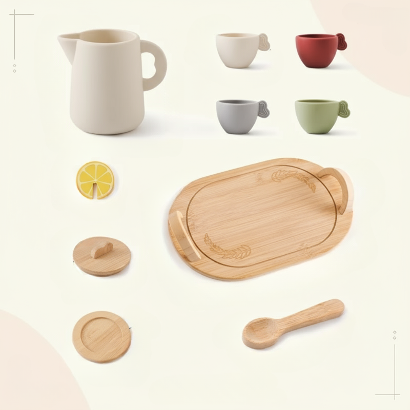 Tea set with four cups, a pitcher, wooden tray, lid, saucer, spoon, and lemon-slice accessory