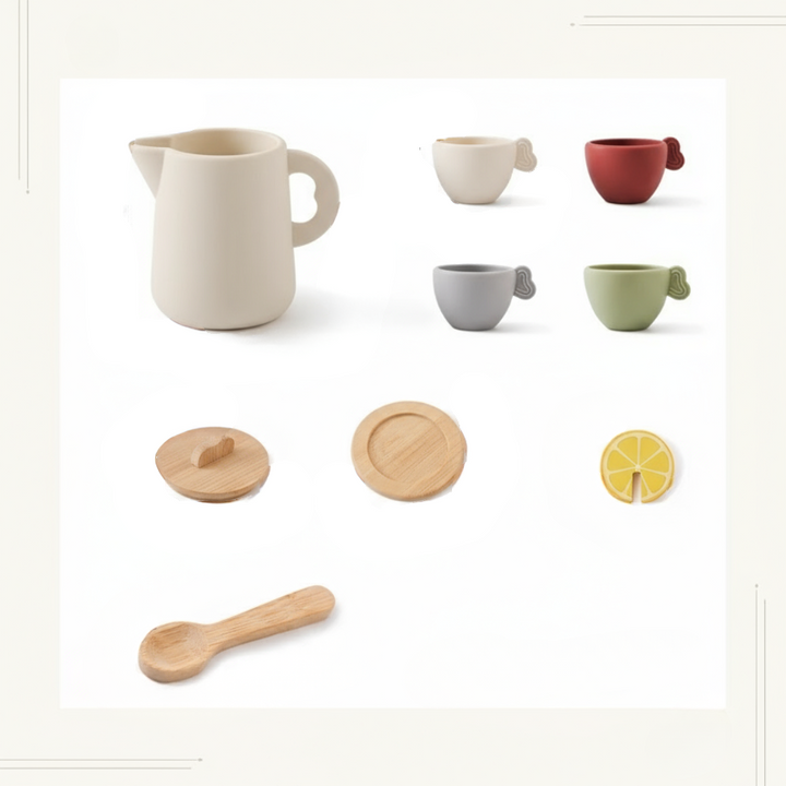 Tea set with four cups, a pitcher, wooden lid, saucer, spoon, and lemon-slice accessory