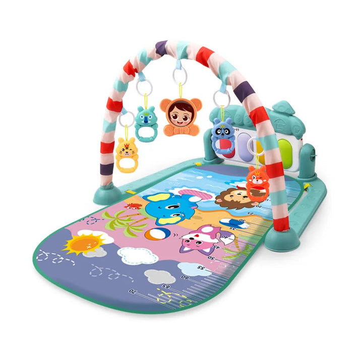 Teal baby play gym with a multicolored striped arch and hanging animal toys