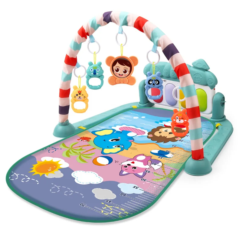 Teal beach animal baby gym with a striped arch and colorful piano panel