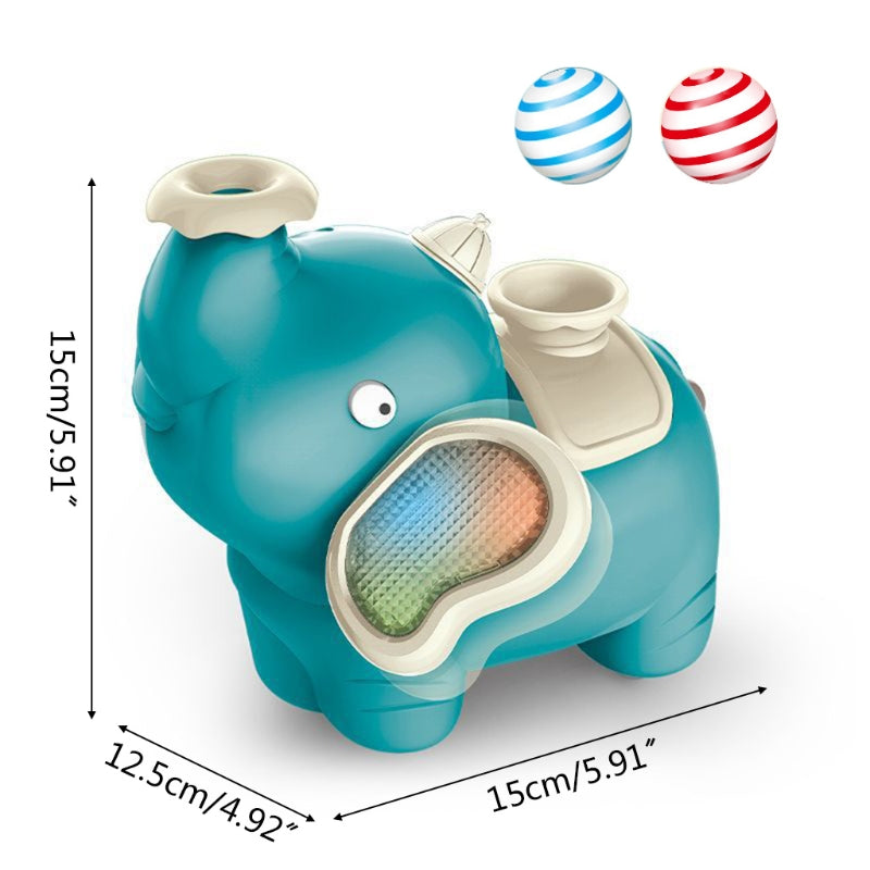 Teal elephant toy size graphic with 15 cm, 12.5 cm, and 15 cm measurements and two striped balls.