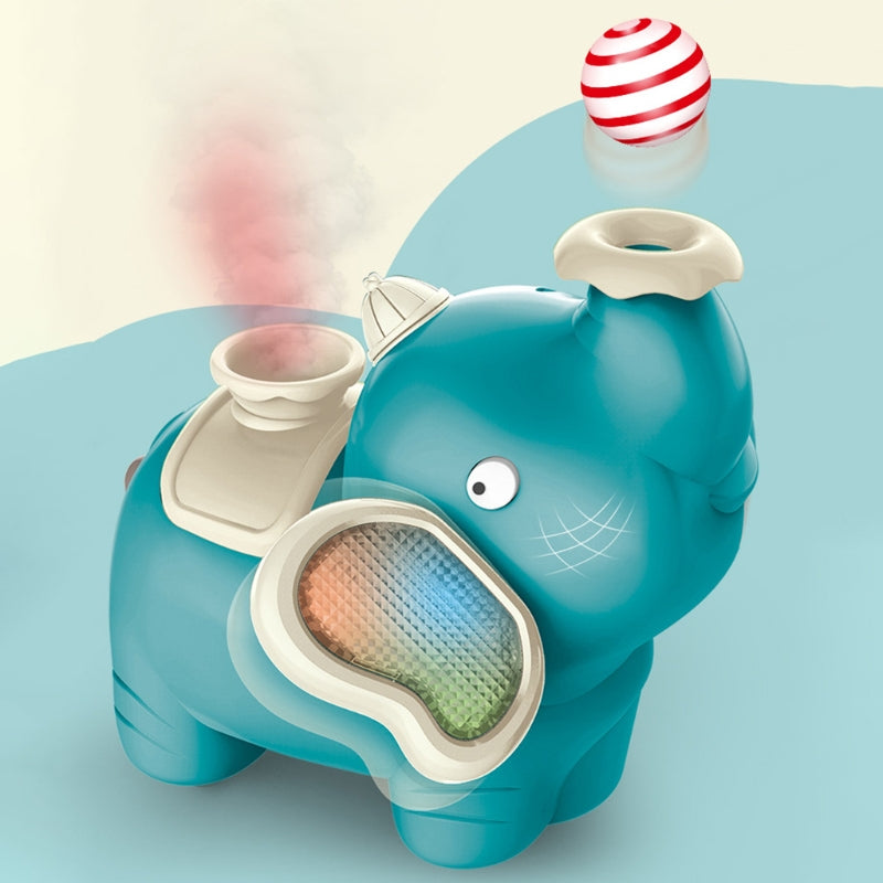Teal elephant toy with a red-and-white striped ball floating above its trunk.