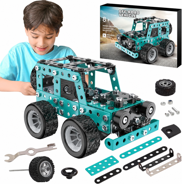 Teal metal off-road model shown with a child, wheels, metal frame pieces, and a wrench