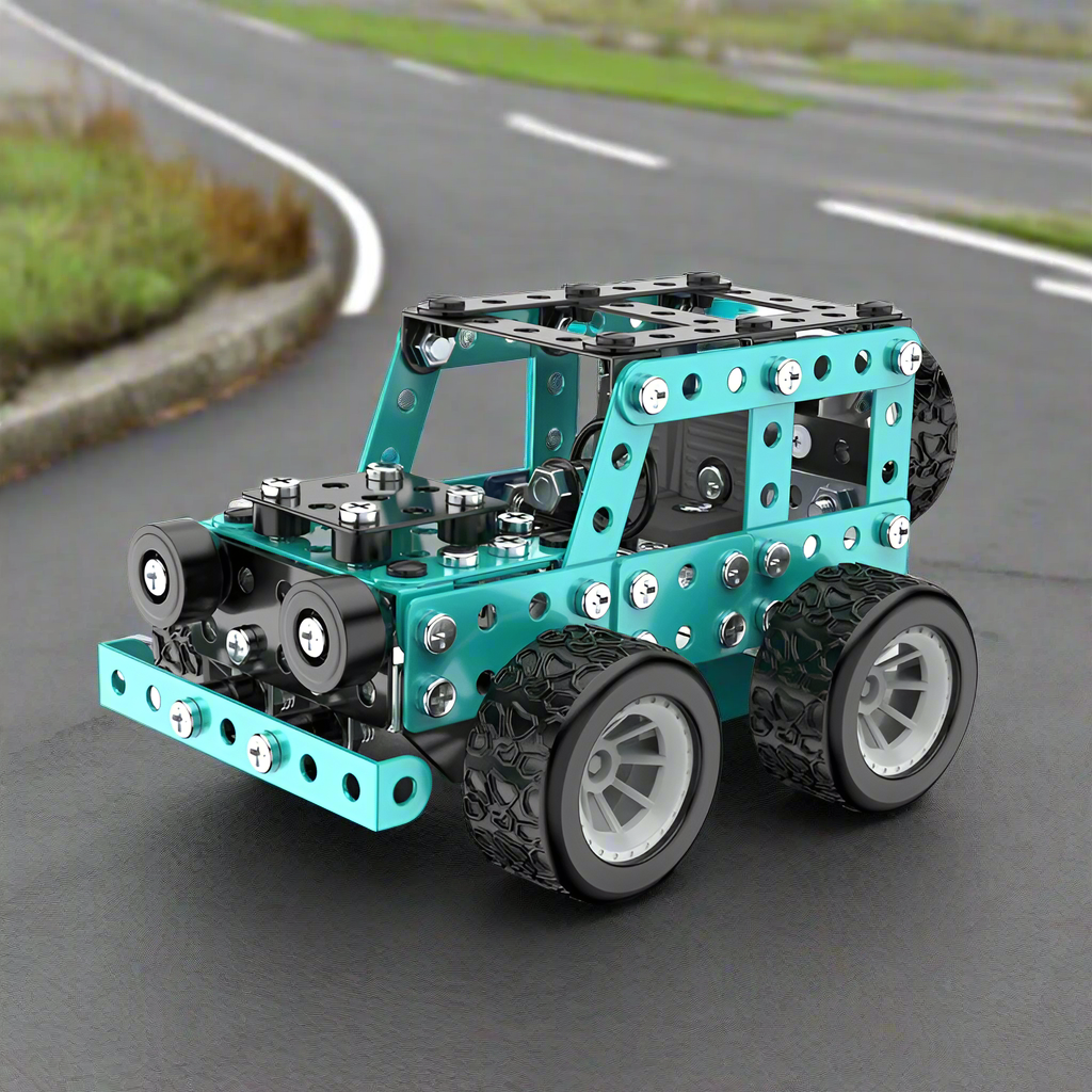 Teal and black metal off-road vehicle model with silver wheels on a winding-road backdrop
