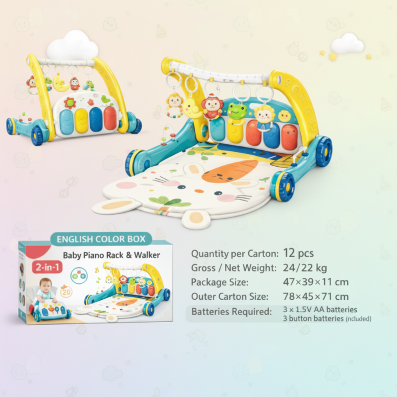 Teal and yellow gym and walker configurations with a bunny mat and packaging information