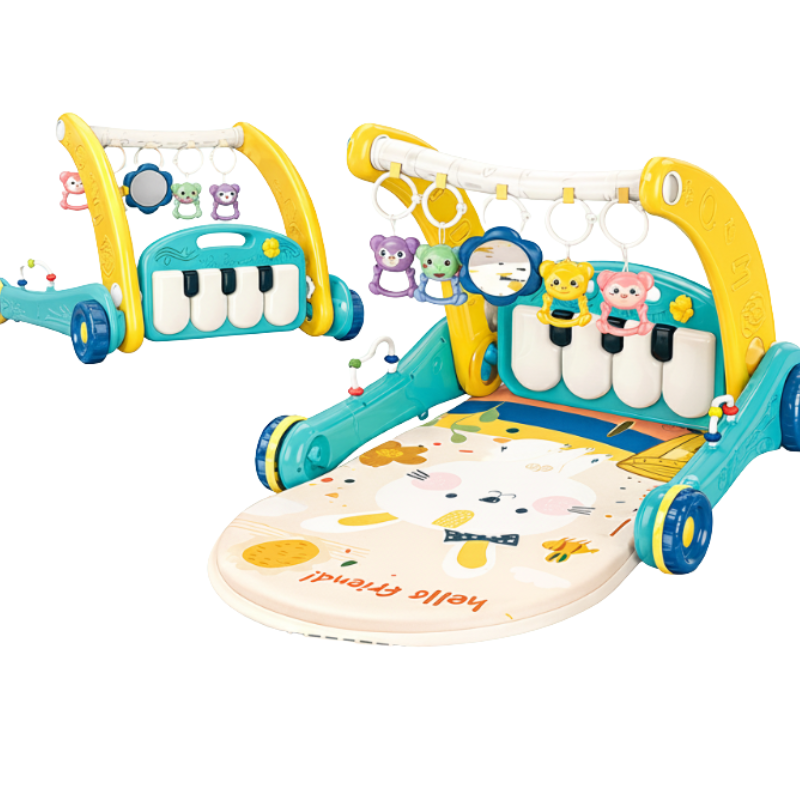 Teal and yellow musical gym and walker with animal rattles, piano keys, and a printed mat