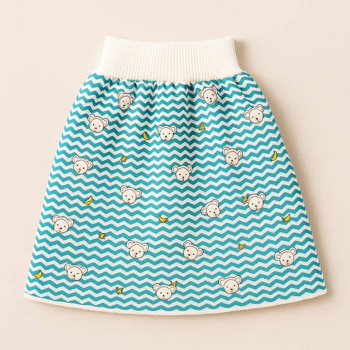 Teal and white zigzag monkey-print training skirt with a ribbed waistband