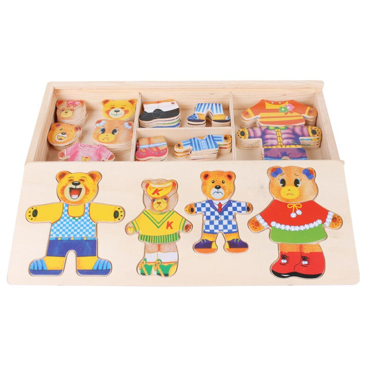 Wooden dress-up puzzle with four assembled bears and a compartmented storage box