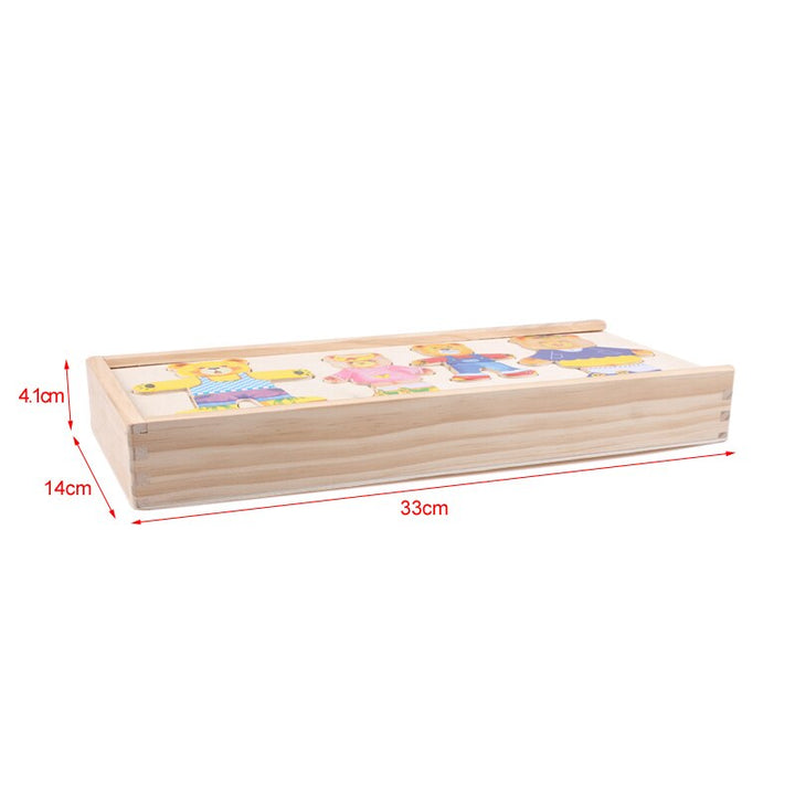 Wooden puzzle storage box labeled 33 cm long, 14 cm wide, and 4.1 cm high