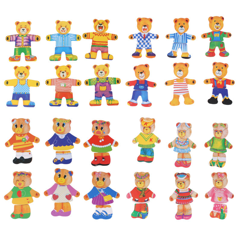 Colorful bear puzzle outfit combinations displayed in rows
