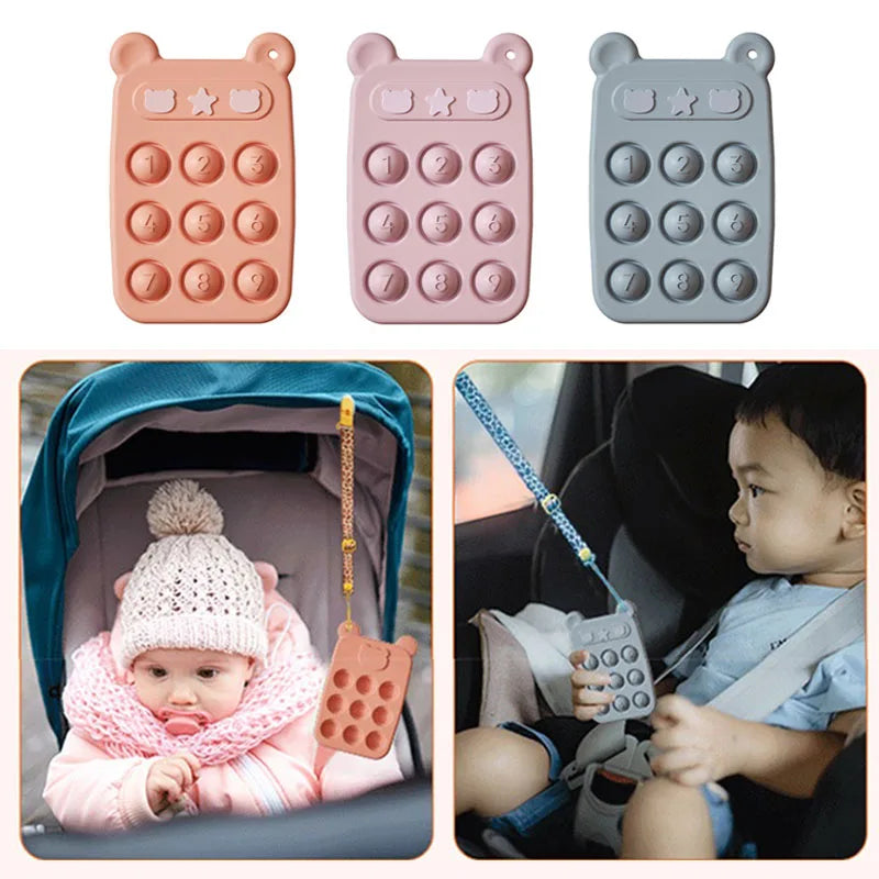 Blue, pink, and orange silicone phones with examples of stroller and car seat use