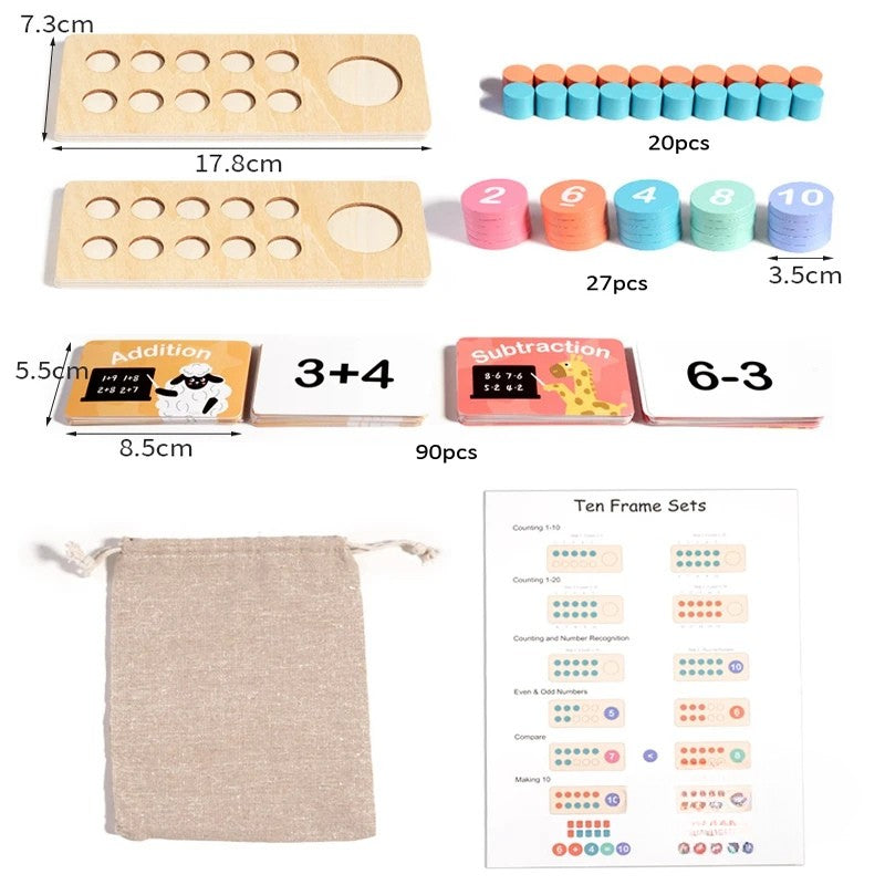 Math set contents with two ten-frame boards, 20 counters, 27 tiles, 90 cards, a drawstring bag, and guide